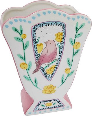 Vaso Multicolorido de Cerâmica em Formato de Leque com Design Pintado de Pássaro, da marca Creative Co-Op