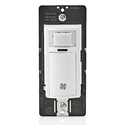 Interruptor sensor de umidade Leviton DHS05-1LW para ventilador de exaustão do banheiro, automatização da ventilação, circulação de ar, controle de umidade, ¼ HP, monopolar, branco