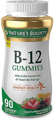 Gomas de vitamina B12 da Nature's Bounty, suplemento dietético, apoia o metabolismo energético e a saúde do sistema nervoso, sabor misto de frutas silvestres, 500mcg, 90 gomas (embalagem pode variar