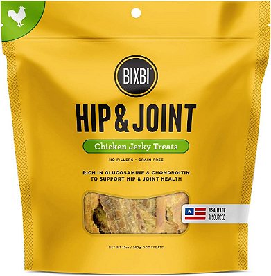 Petiscos para cães BIXBI Hip & Joint Support Chicken Jerky, 12 oz - Petiscos para cães sem grãos feitos nos EUA - Glucosamina, Condroitina para Cães - Rico em Proteínas, Ant