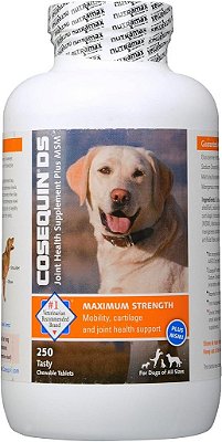Suplemento de saúde articular de máxima força Nutramax Laboratories Cosequin para cães - Com glucosamina, condroitina e MSM, 250 tabletes mastigáveis.