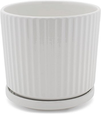 Vaso de cerâmica cilíndrico com nervuras da Napco para plantas de interior com prato, 6 polegadas, Branco Clássico