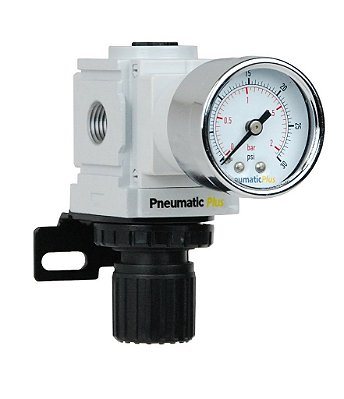 Regulador de pressão de ar em miniatura PneumaticPlus PPR2-N02BG-2 1/4 NPT - Manômetro, Suporte, Pressão do Instrumento (3-30 PSI)