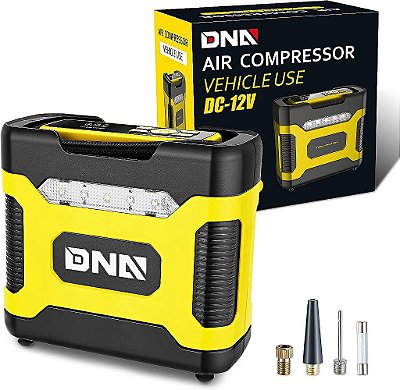 Inflador de pneus digital portátil 12V DC amarelo DNA MOTORING TOOLS-00211 com medidor de pressão para carros, bicicletas, motocicletas e bolas