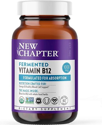 Novo Capítulo Vitamina B12 Fermentada 1.000 mcg, Orgânica USDA, Uma por Dia para Energia Celular + Células Sanguíneas Saudáveis, Certificado Vegano, Livre de Glúten - 60 Comprimidos