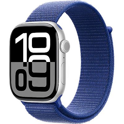 Apple Watch S10 caixa de alumínio prata com pulseira esportiva loop azul cloud 46 mm MWWN3LW/A