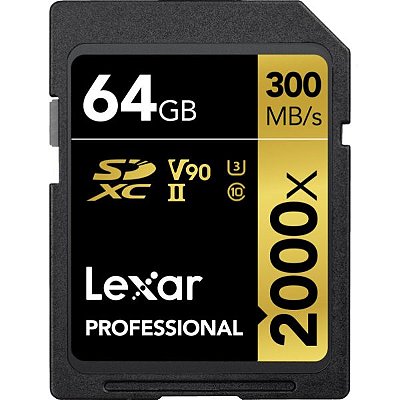 Memória SD SDXC Lexar Professional 2000X Série Gold 300-260 MB/s C10 U3 V90 64 GB (LSD2000064G-BNNNU)
