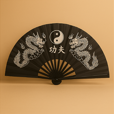 Leque de Mão Grande Preto Vermelho - Dragão Chinês