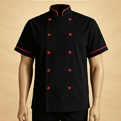 Dólmã Chef Masculino Manga Curta – Preto com Vermelho | Poliéster Profissional