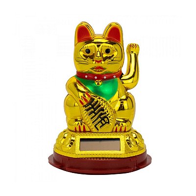 GATO DA SORTE SOLAR Mexe a Mão Maneki Neko Dourado - Grande e Pequeno