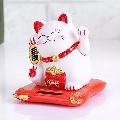 GATO DA SORTE Chama Fortuna Prosperidade 8cm Cor Branco Balança a Pata - Maneki Neko Decoração