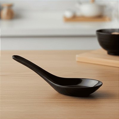 COLHER MELAMINE Preto de Sopa Missoshiru 14cm Estilo Oriental Japonês - Colher Japonesa de Sopa