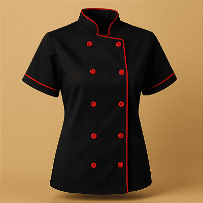 Dólmã Chef Feminina Manga Curta – Preto com Vermelho | Profissional 100% Poliéster P/M/G