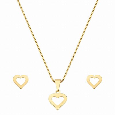 Conjunto Coração Vazado - Semijoia Banhada a Ouro 18K