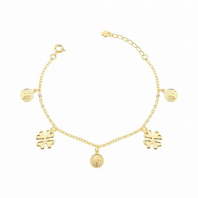 Pulseira Trevo e São Bento - Semijoia Banhada a Ouro 18K