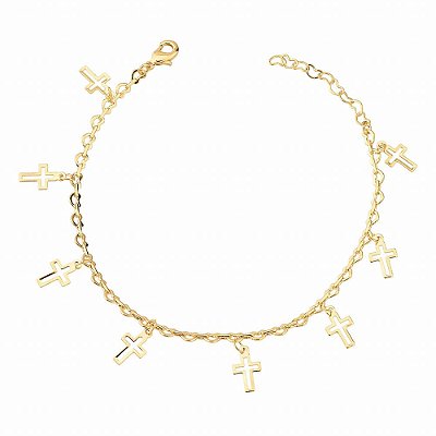 Pulseira Elo de Corações e Cruz - Semijoia Banhada a Ouro 18K