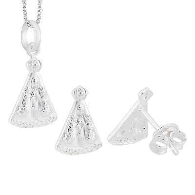 Conjunto Brinco e Pingente Nossa Senhora - Joia em Prata 925