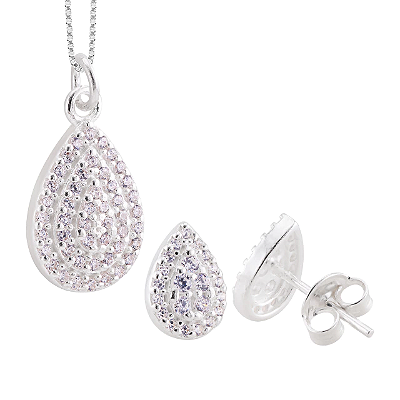 Conjunto Brinco e Pingente Gota Cravejada - Joia em Prata 925