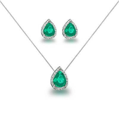 Conjunto Colar e Brinco Gota Cravejada Esmeralda - Semijoia Banhada a Prata