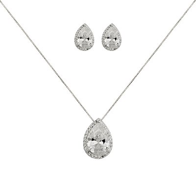 Conjunto Colar e Brinco Gota Cravejada Transparente - Semijoia Banhada a Prata
