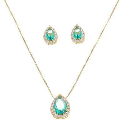 Conjunto Colar e Brinco Gota Cravejada Esmeralda - Semijoia Banhada a Ouro 18K