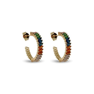 Brinco Meia Argola Navete Zircônias Coloridas - Semijoia Banhada a Ouro 18K