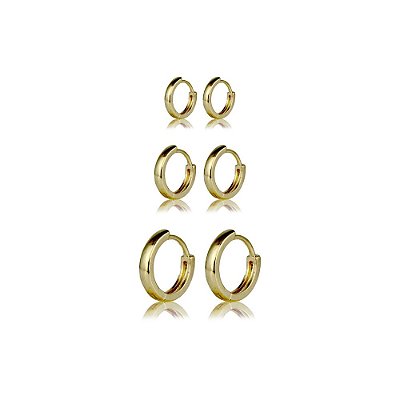 Trio Brincos Argola Fio Quadrado - Semijoia Banhada a Ouro 18K