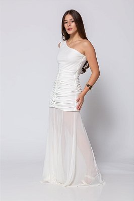 Vestido Longo Tule Drapeado Off White