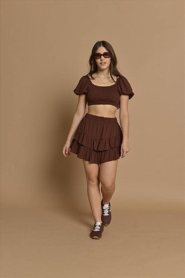 Saia Shorts Malha com Babados Marrom