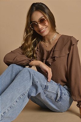 Blusa Bata de Crepe Marrom