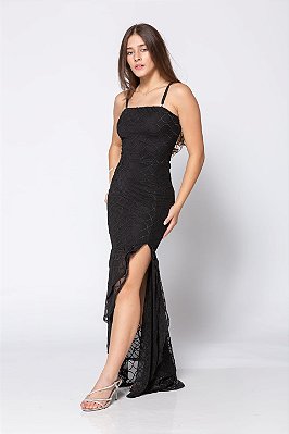 Vestido Longo de Tule com Fenda Preto