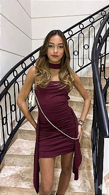Vestido Suplex com Drapeado Lateral Bordô