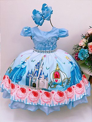 Vestido Infantil Cinderela Renda com Peitoral Bordado Azul de Festa  Aniversário Luxo