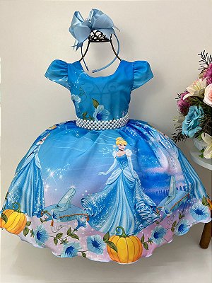 Vestido Infantil Cinderela Azul Brilho Festas Princesa