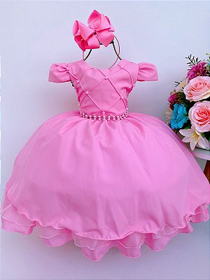 Vestido Infantil Barbie Princesa Rosa Chiclete com Cinto