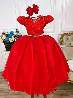 Vestido Infantil Vermelho Renda Realeza e Pérolas - Fabuloso Ateliê