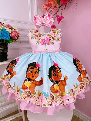 Vestido Infantil Moana Baby Luxo Princesas Renda e Pérolas - Rosa