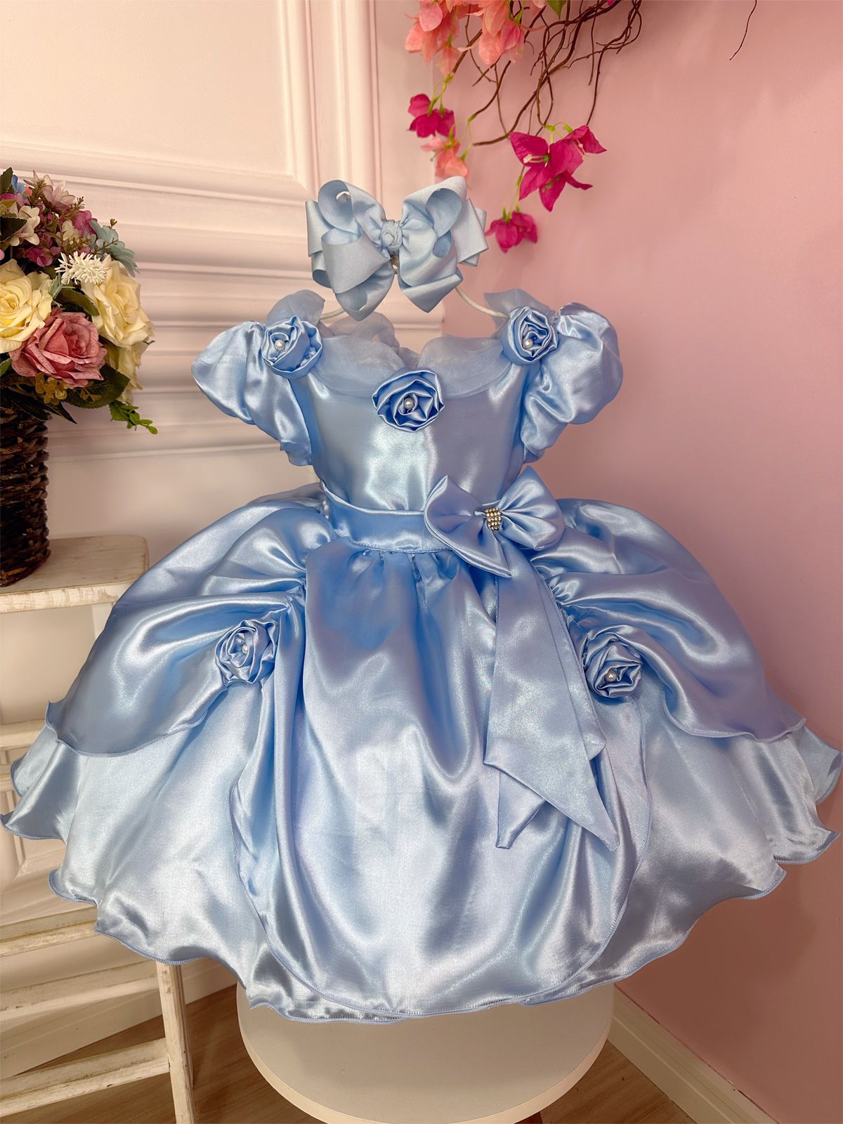 Vestido Infantil Cinderela Azul brilho com tiara - Fabuloso Ateliê