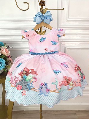 VESTIDO INFANTIL PRINCESA ARIEL PÉROLAS RENDA BRILHO