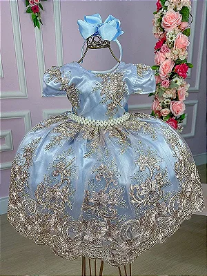 Vestido Infantil Damas Honra Casamento Azul Renda Pérola - Fabuloso Ateliê