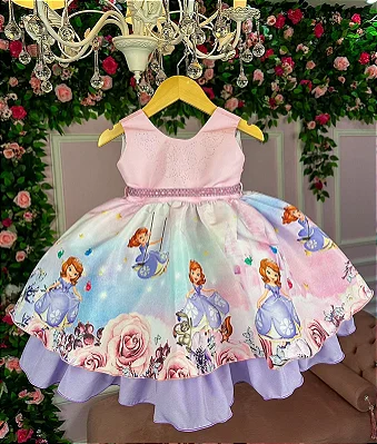 Vestido Infantil Princesa Sofia Com os Animais Lilás Strass