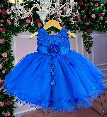 Vestido Infantil Cinderela Azul Renda e Pérolas - Fabuloso Ateliê