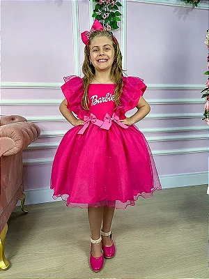 Vestido infantil Barbie Pink Babados Com Glitter Brilho - Fabuloso Ateliê