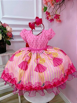 Vestido Infantil Barbie Rosa Chiclete Glitter e Estrelas - Fabuloso Ateliê