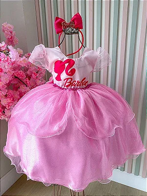 Vestido infantil Barbie Pink Babados Com Glitter Brilho - Fabuloso Ateliê