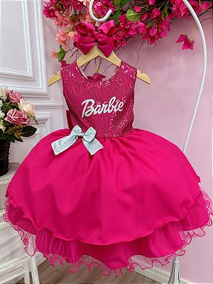 Vestido infantil Barbie Pink Babados Com Glitter Brilho - Fabuloso Ateliê
