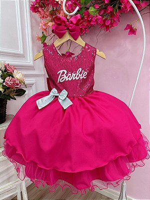 Vestido Infantil Barbie Rosa Chiclete Glitter e Estrelas - Fabuloso Ateliê