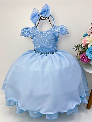 Vestido Infantil Cinderela Azul Renda e Pérolas - Fabuloso Ateliê