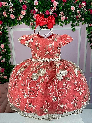 Vestido Infantil Vermelho Renda Realeza e Pérolas - Fabuloso Ateliê