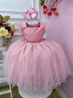 VESTIDO INFANTIL LILÁS BOLINHAS PRINCESA SOFIA CINTO PÉROLAS